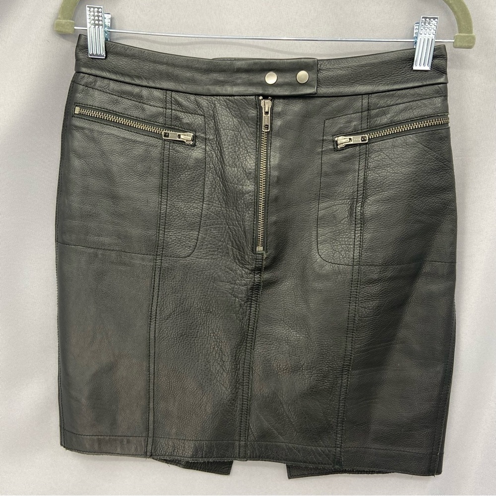A.L.C. Black Calf Leather Skirt Moto Mini Skirt , Zip Pockets, Lined Size 4 - Picture 1 of 8